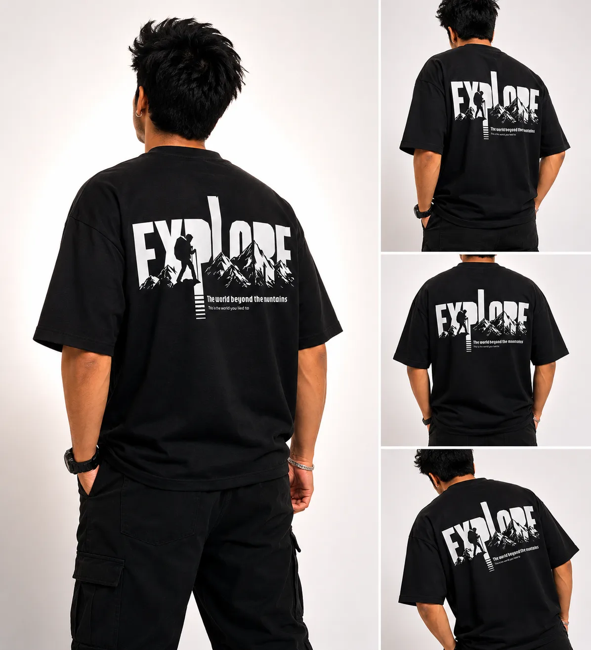 VM Clothing Explore Oversized T-Shirt for Men | Premium 220 GSM Cotton Back Print Tee | Drop Shoulder Streetwear Black Tshirt