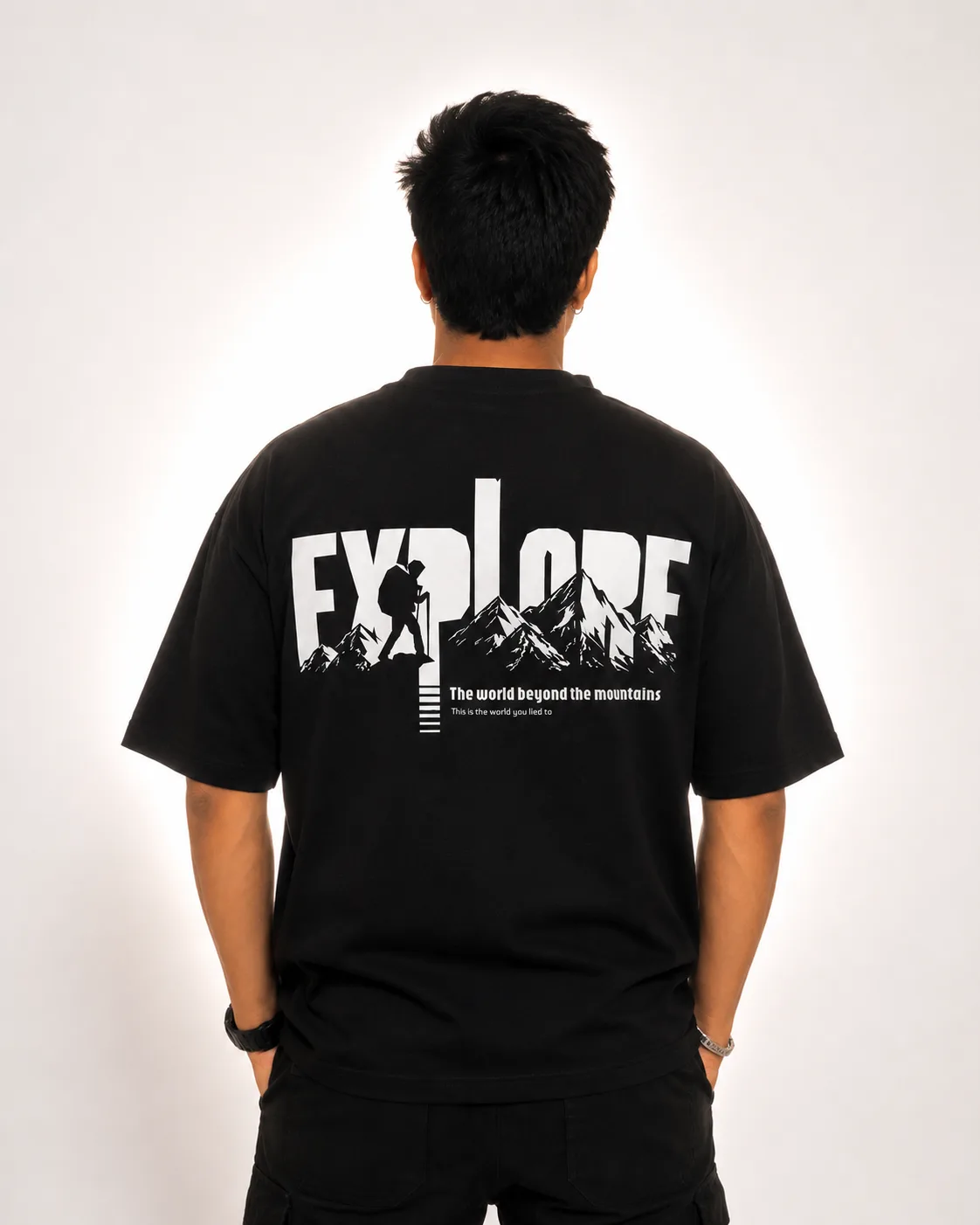 VM Clothing Explore Oversized T-Shirt for Men | Premium 220 GSM Cotton Back Print Tee | Drop Shoulder Streetwear Black Tshirt