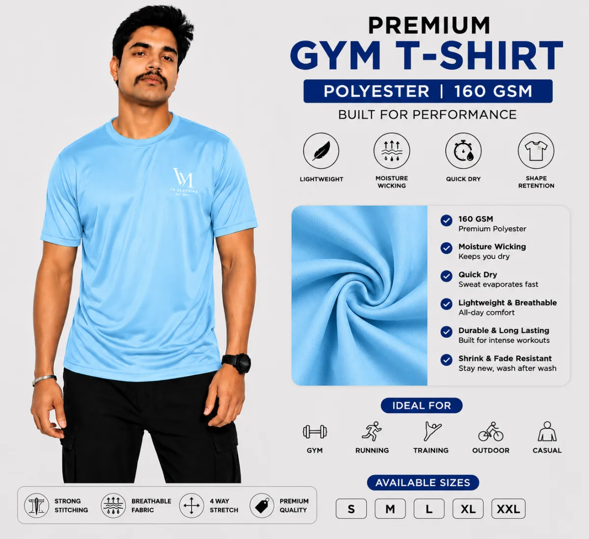 VM Premium Performance Gym T-Shirt – Sky Blue