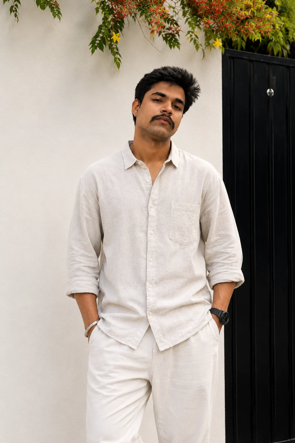 Ivory Textured Casual Linen Shirt for Men